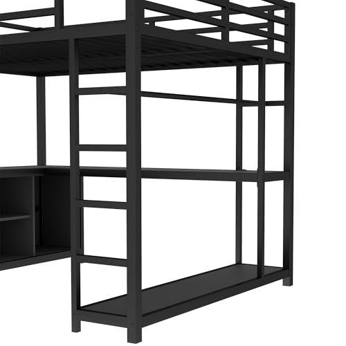 Queen Metal Loft Bed with Wardrobe, Desk and Shelves G928