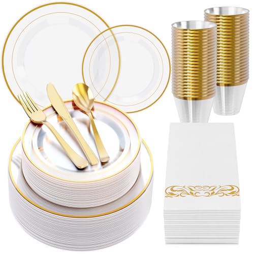 Clear 350 Count Plastic Dinnerware Set with Gold Rim N428