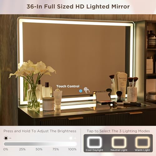 48" Glass Top Vanity Desk with Lighted Mirror and 5 Drawers I7512