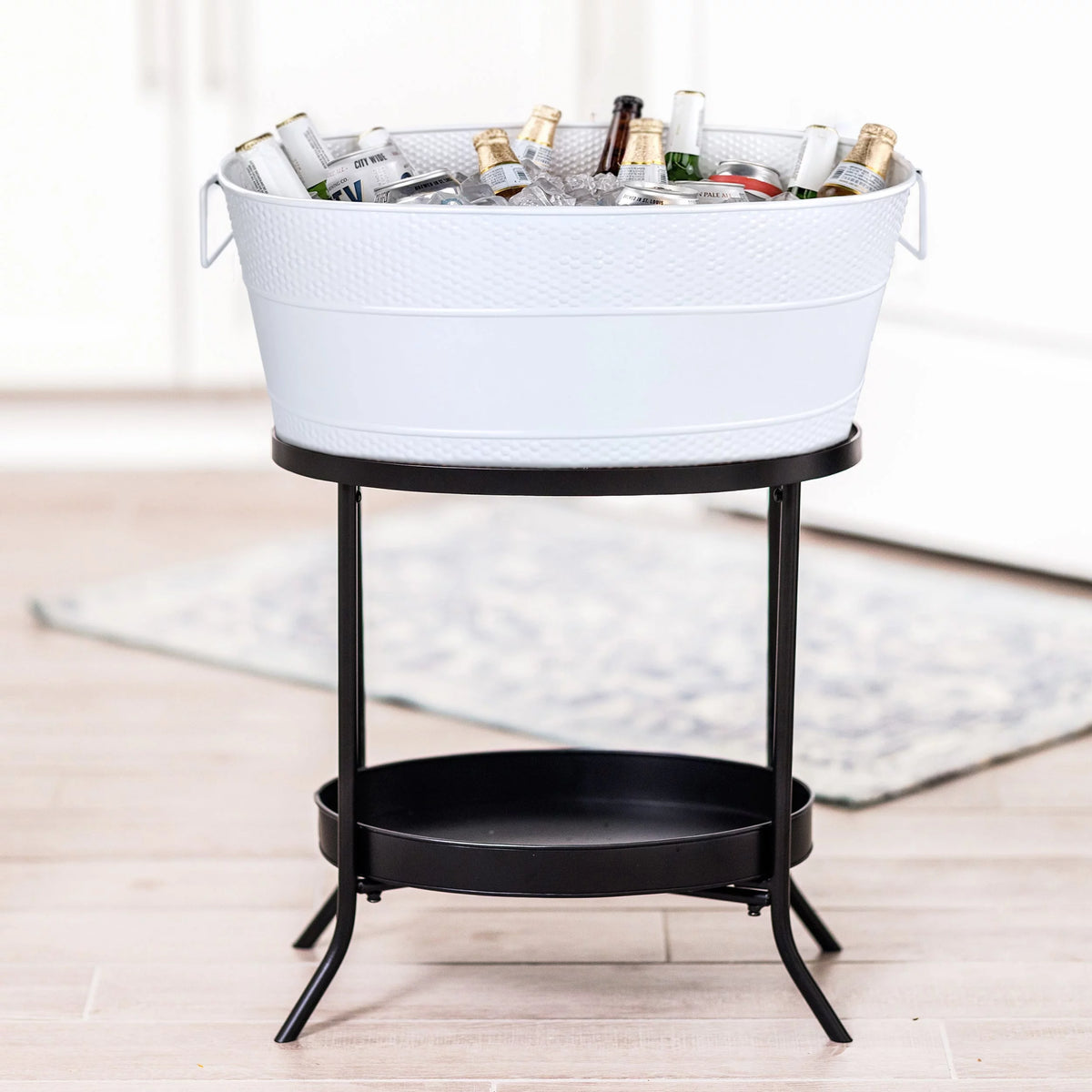 White Metal Beverage Tub with Iron Stand 28-inch Z31796