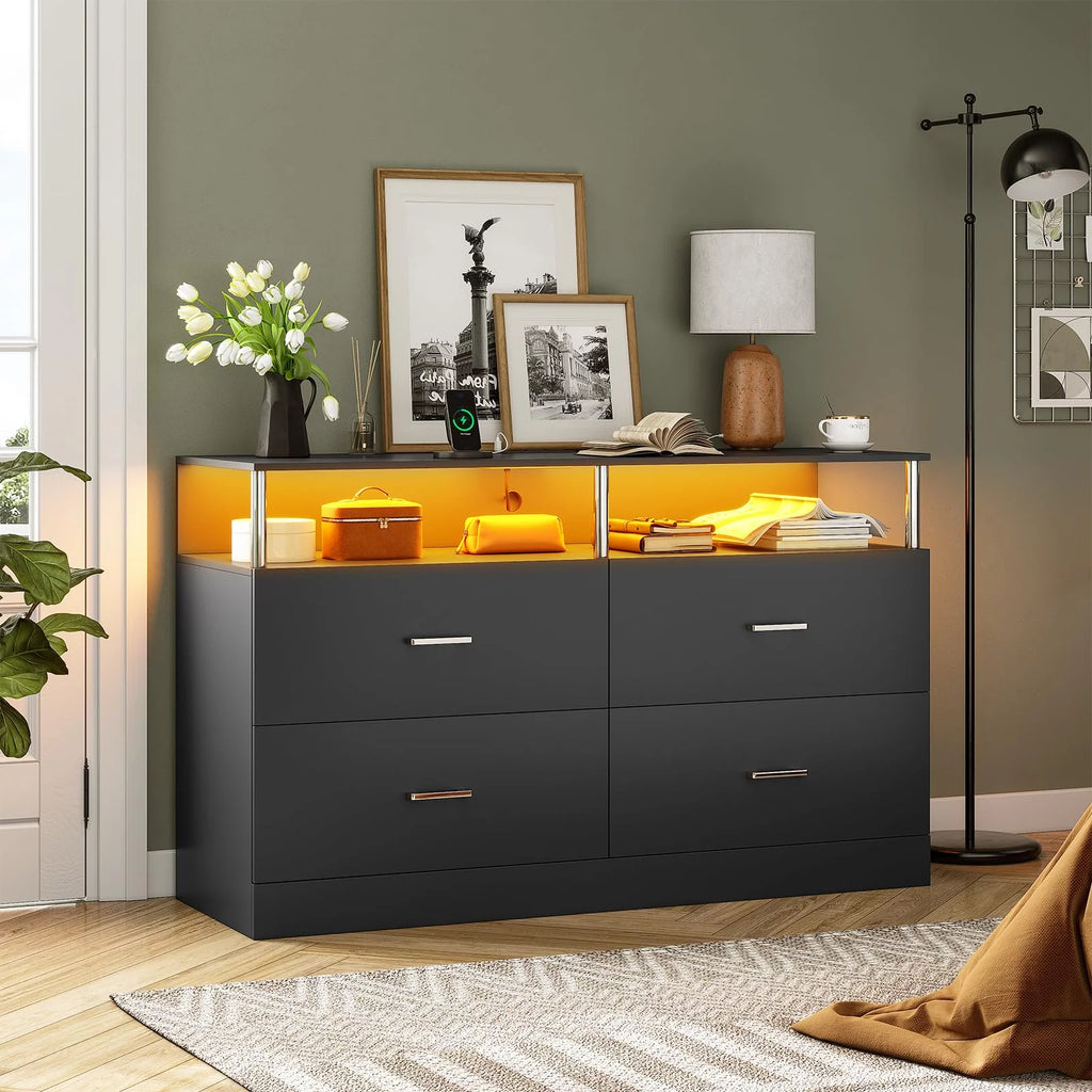 Black 4 Drawer Dresser with LED Lights & Charging Station T7015