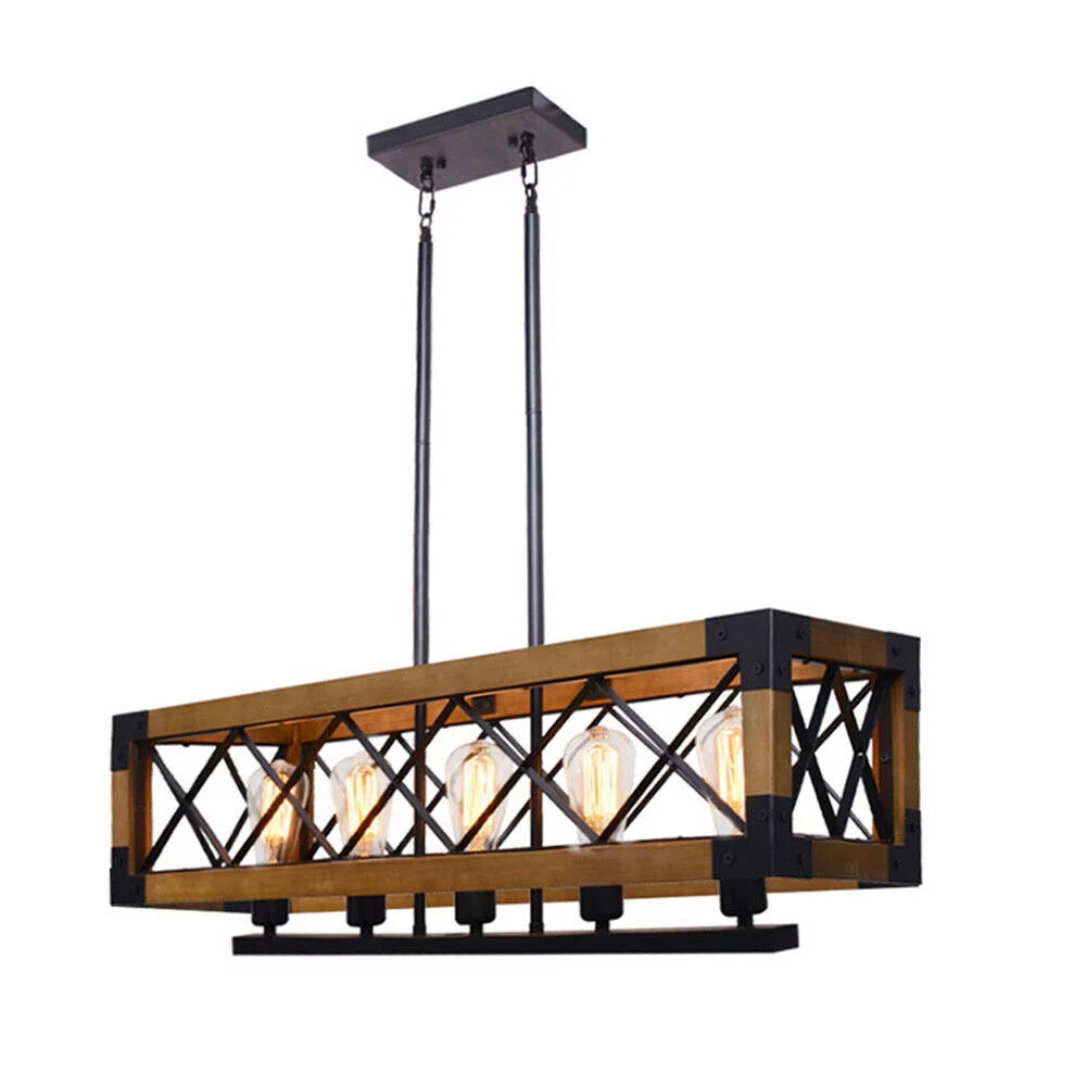 5-Lights Wooden Rectangle Pendant Light Fixture F925380
