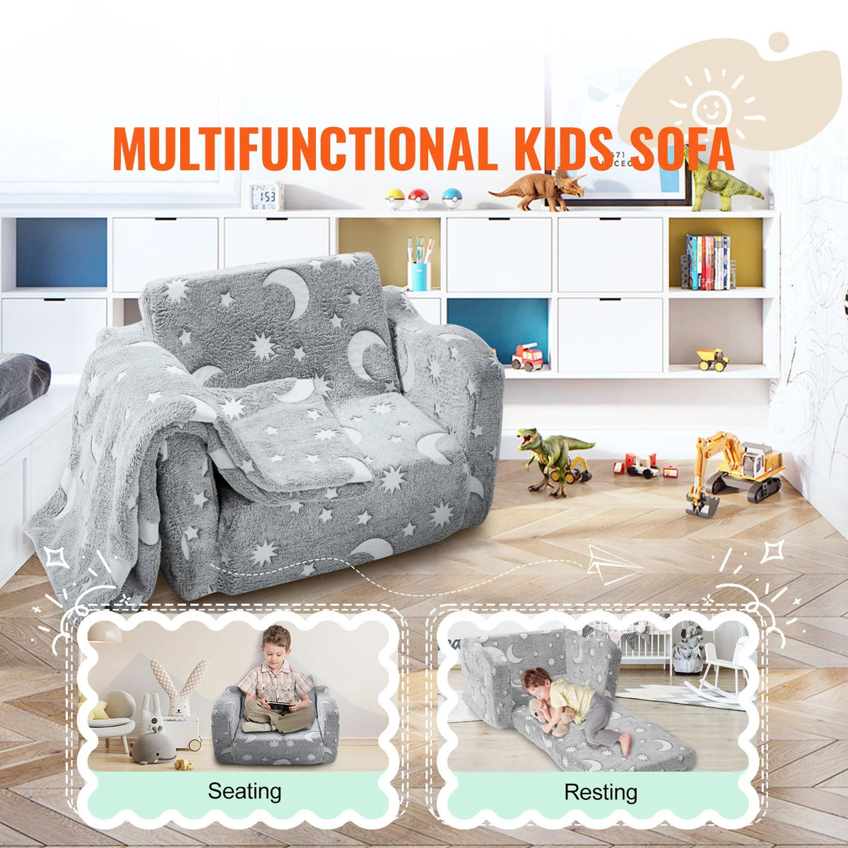 Fold-out Kids Sofa Glow-in-the-Dark Convertible Sofa U12599