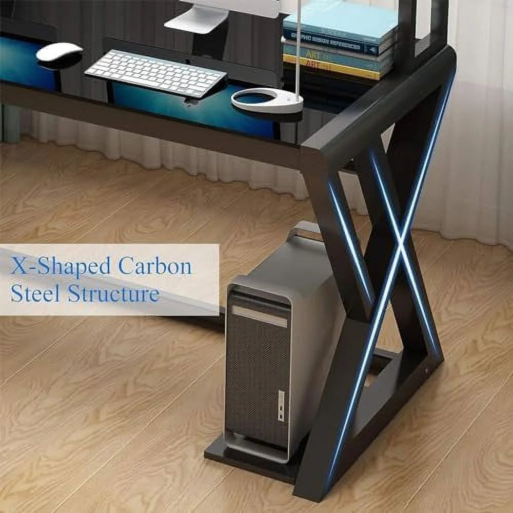 White Glass Top Metal Frame Computer Desk with 2 Tiers Shelves V572256