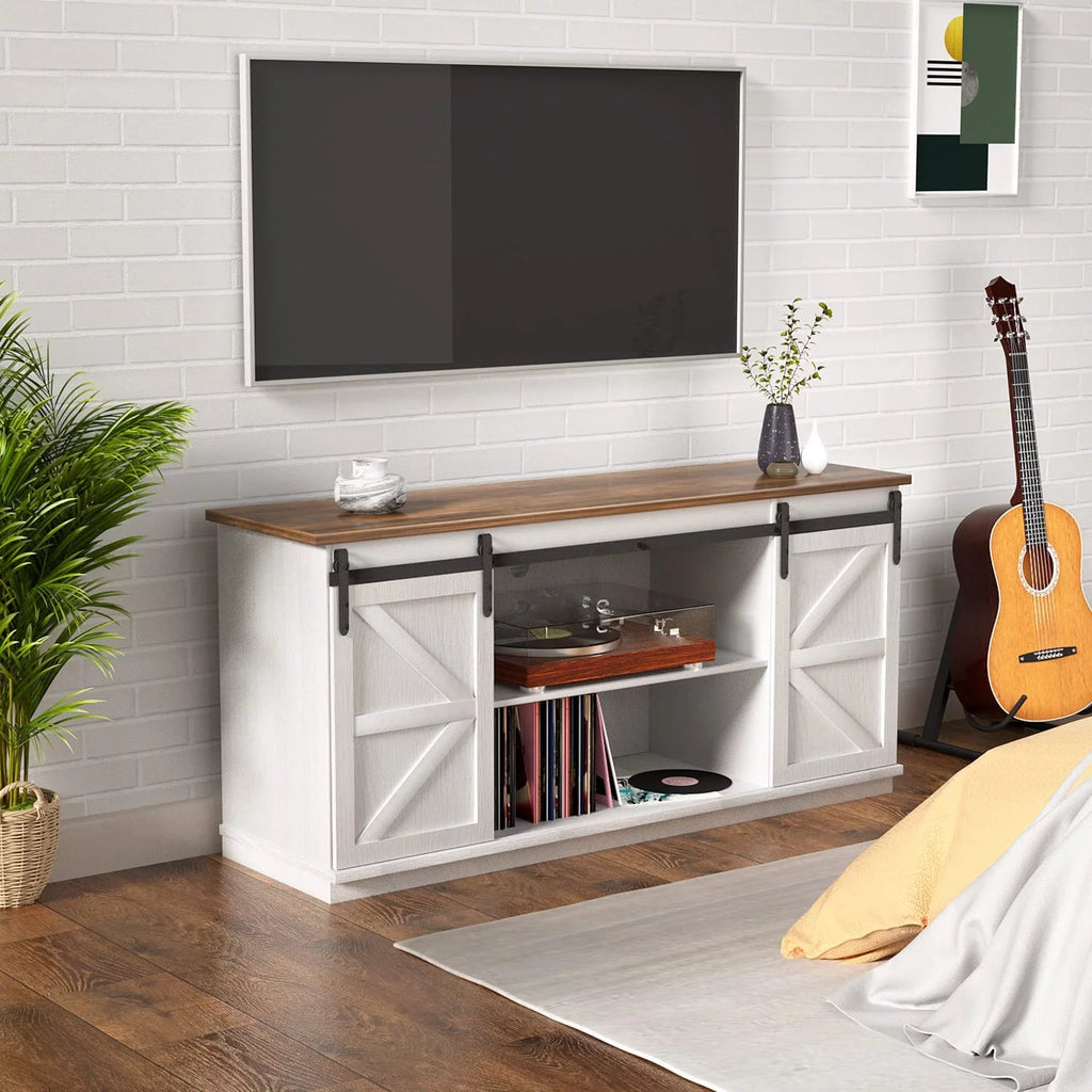 White 58 Inch TV Stand with Sliding Barn Doors W323