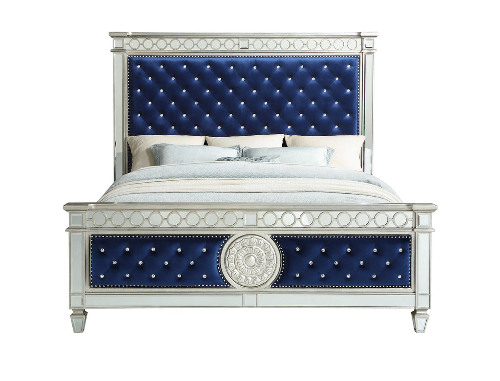 California King Tufted Panel Bed Blue Velvet Mirrored B188