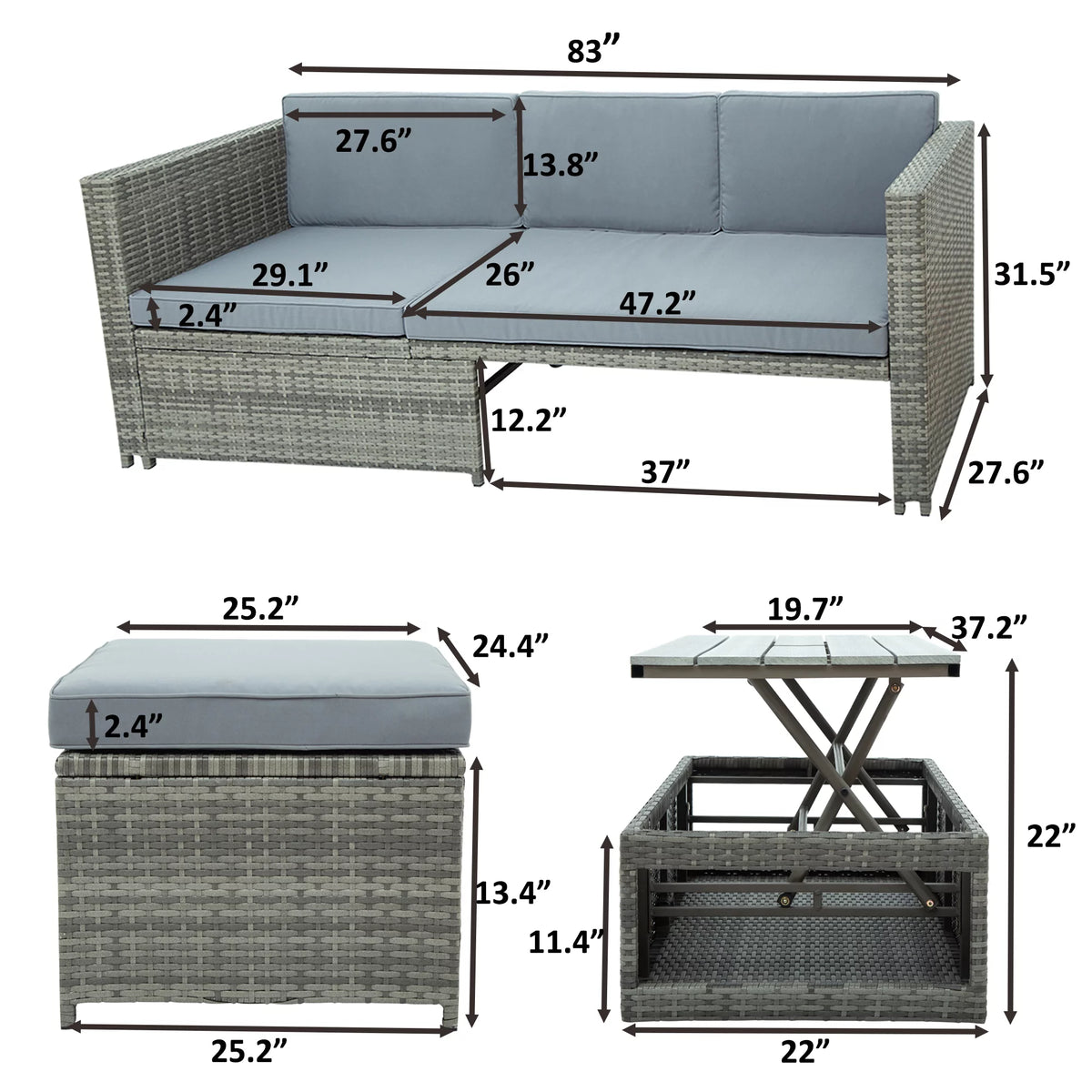 4-Piece All-Weather PE Wicker Patio Sectional Sofa Set with Retractable Table K436474