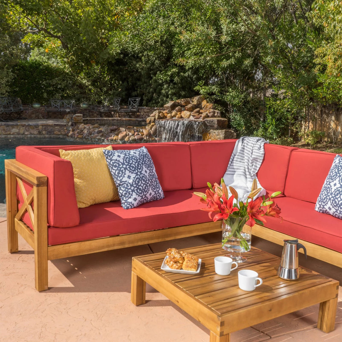 4 Piece Acacia Wood Sectional Sofa and Coffee Table Set O853115