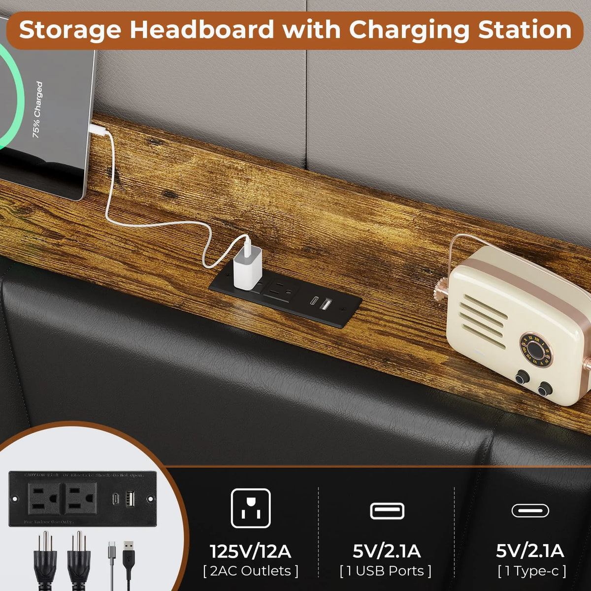 Full Floating Bed Frame with Charging Station, Black Q99706