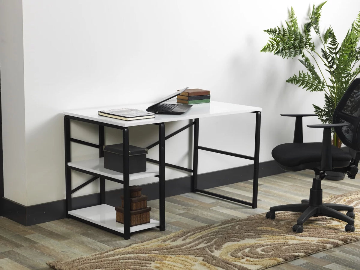 Black Metal Frame Wooden Top 2 Shelves Writing and Computer Desk J82208