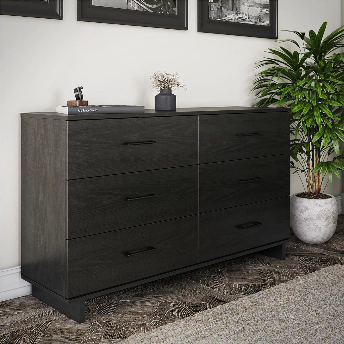Black Oak 6 Drawer Wide Dresser D289