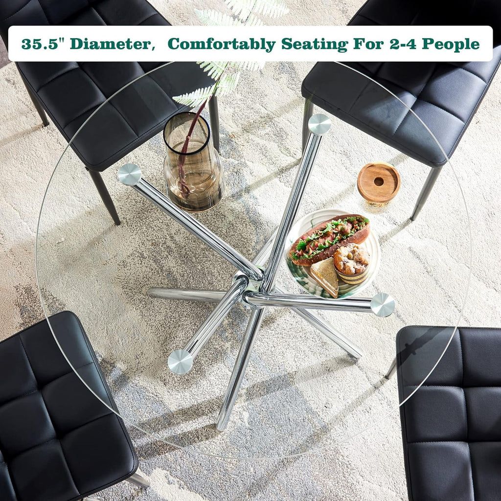 Round Glass Dining Table with Tempered Glass Top and Chrome Plated Metal Legs U374