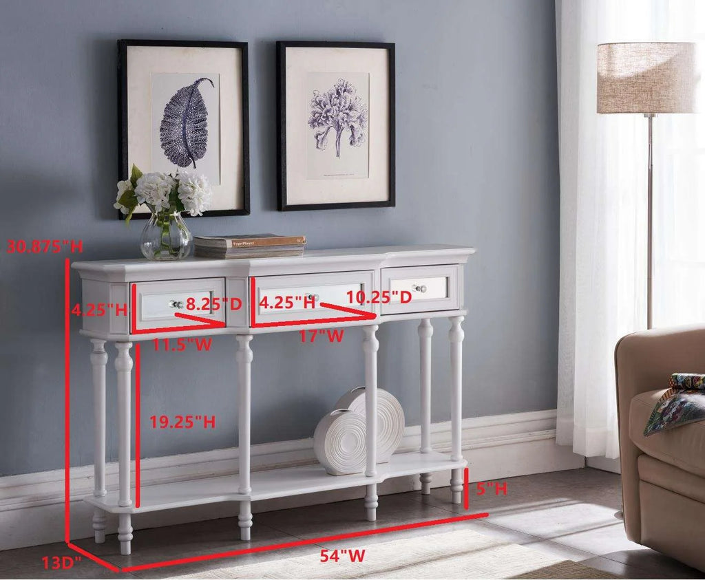 White Console Table with Mirrored Storage Drawers and Lower Shelf W74238