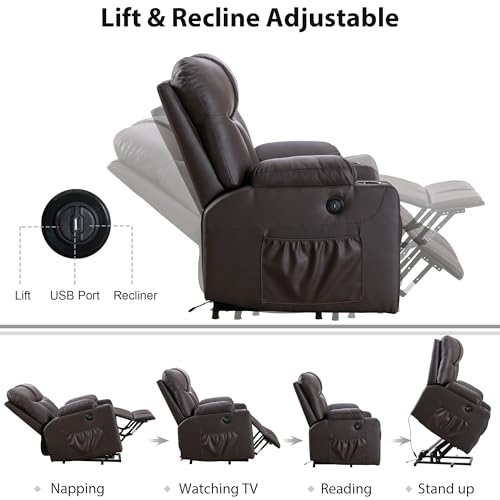 Brown Faux Leather Oversized Power Lift Recliner Chair with Heated and Massage O884