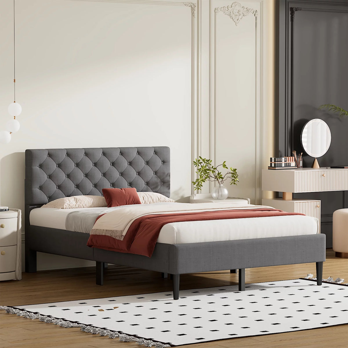Full Size Gray Linen Upholstered Platform Bed with Tufted Headboard I898