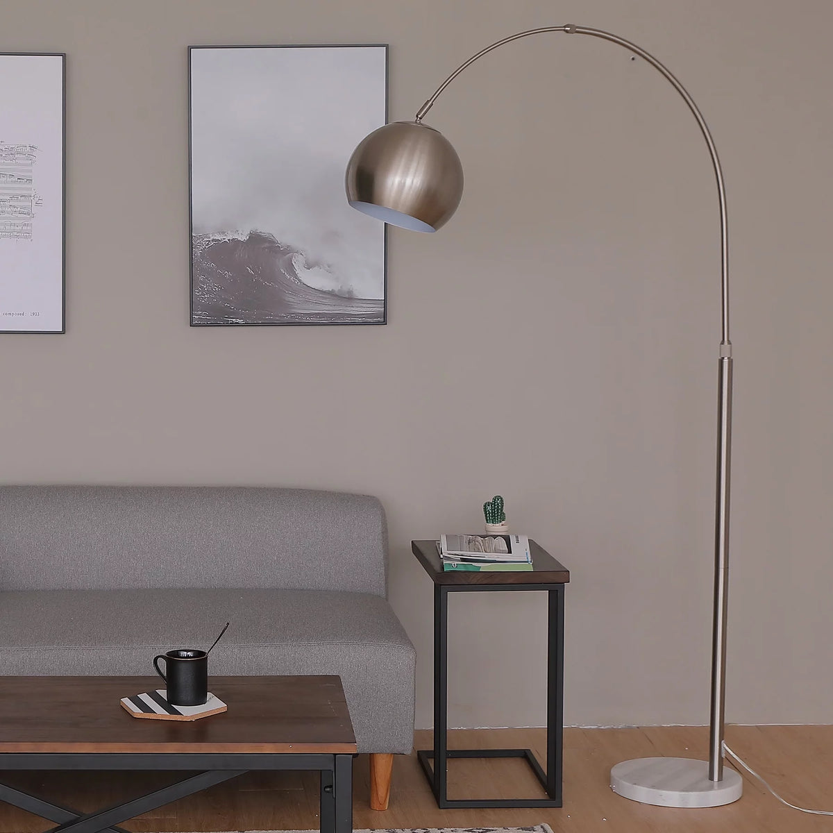 Modern Arc Floor Lamp with Rotatable Hanging Shade, Adjustable Nickel Reading Light with Marble Base, 70 Inch A34823