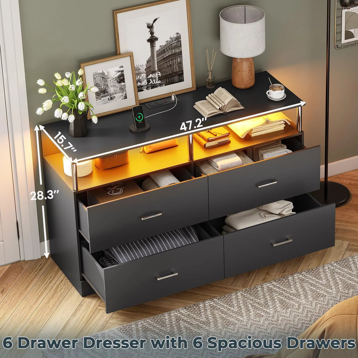 Black 4 Drawer Dresser with LED Lights & Charging Station T7015