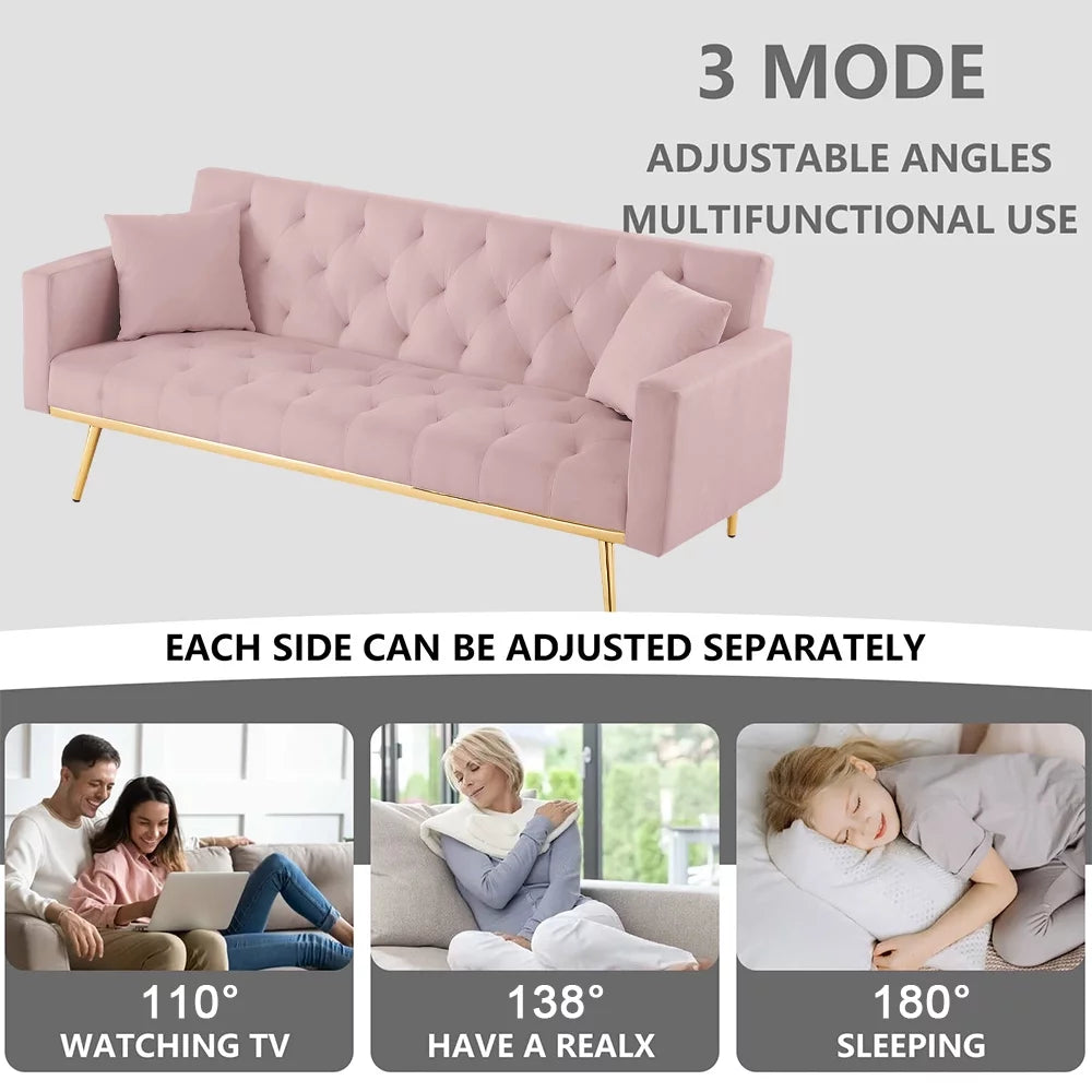 Pink Velvet Convertible Sofa Bed with 2 Pillows V641