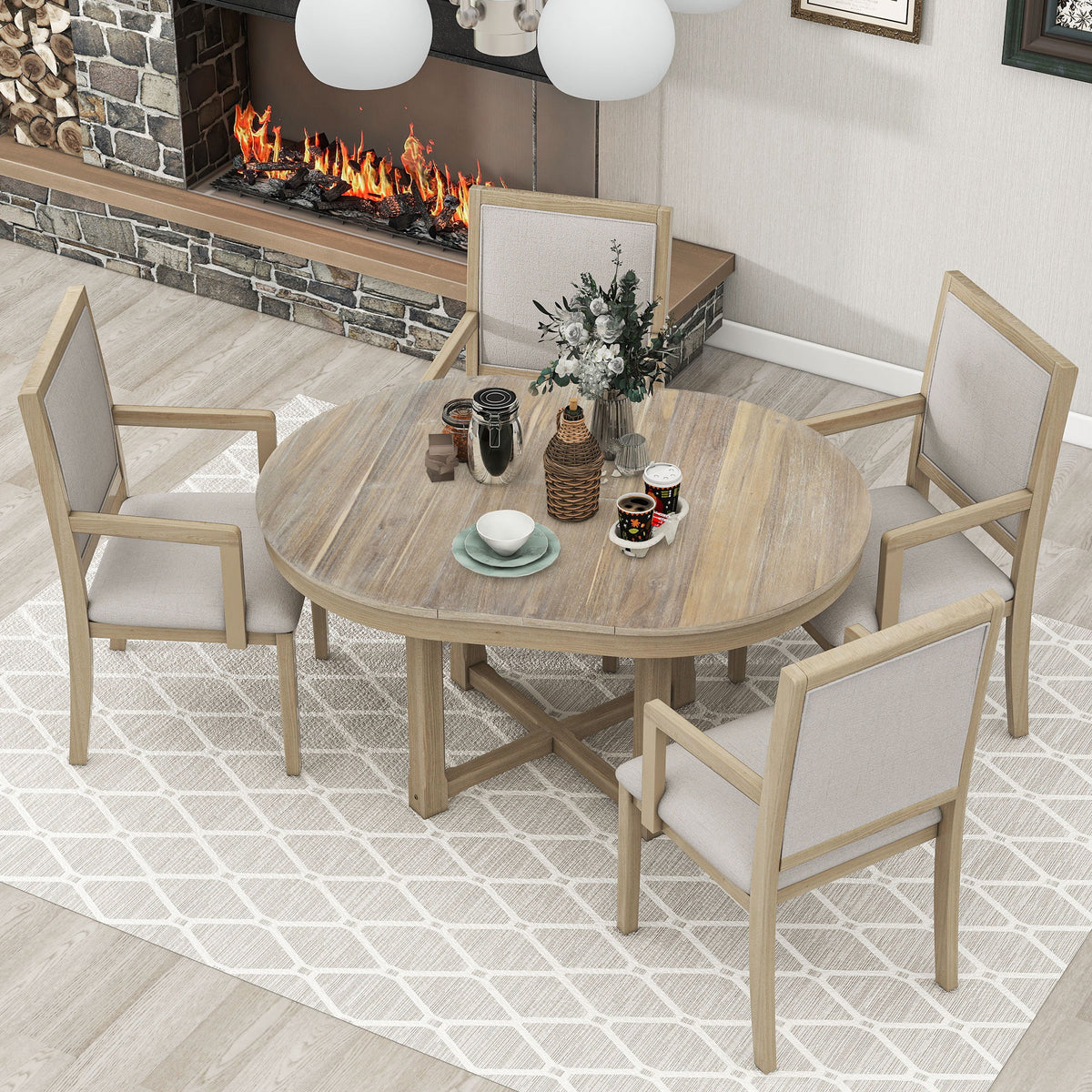 5-Piece Extendable Wood Dining Table Set with 4 Upholstered Chairs C179