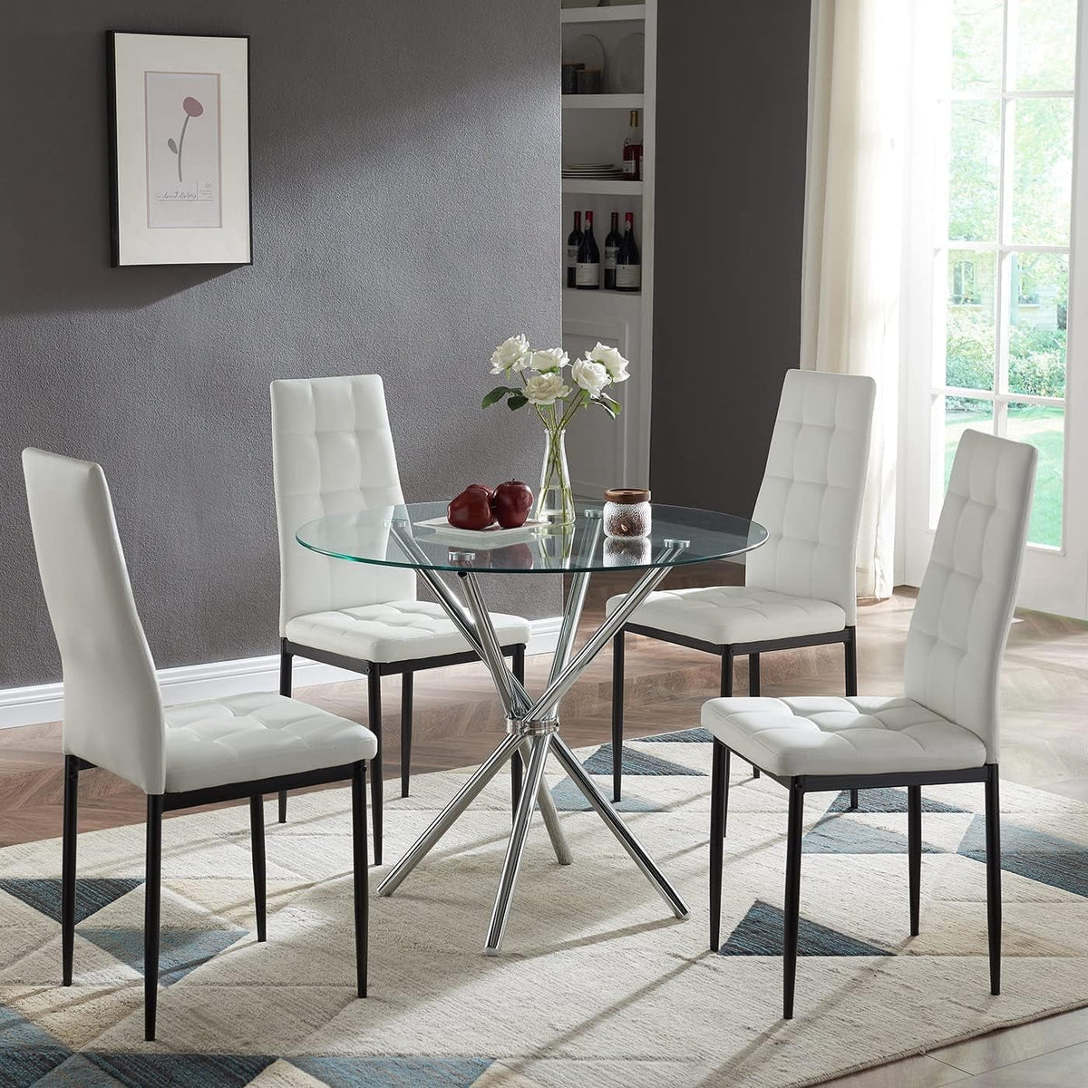Round Glass Dining Table with Tempered Glass Top and Chrome Plated Metal Legs U374