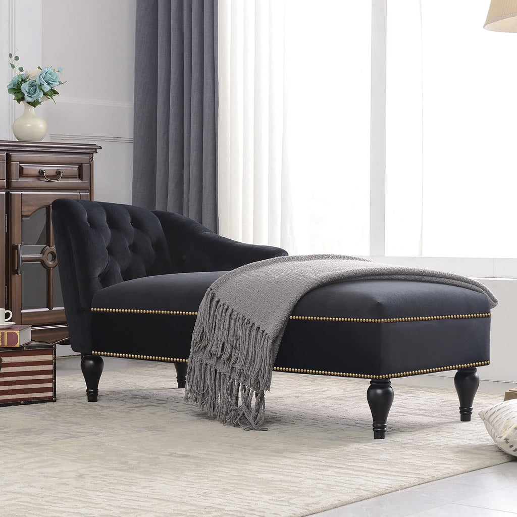 Black Velvet Button Tufted Chaise Lounge D371538