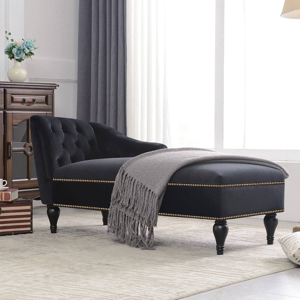 Black Velvet Button Tufted Chaise Lounge D371538