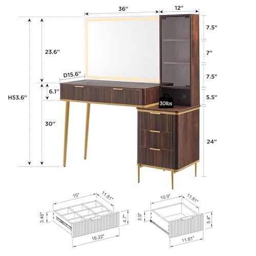 48" Glass Top Vanity Desk with Lighted Mirror and 5 Drawers I7512