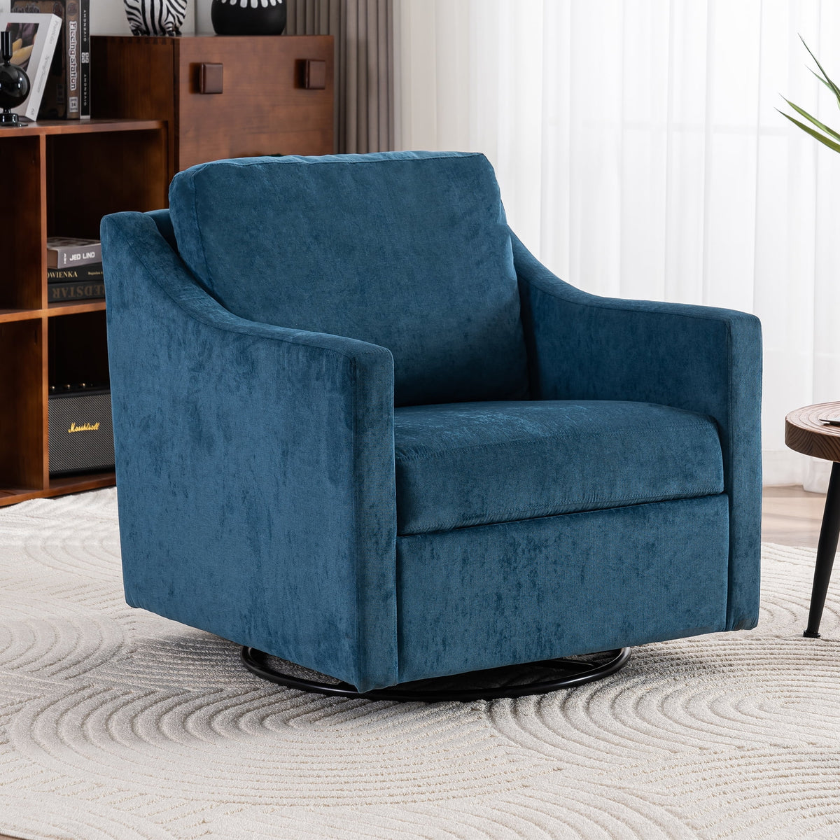Navy Blue Linen Fabric Swivel Accent Chair T68812