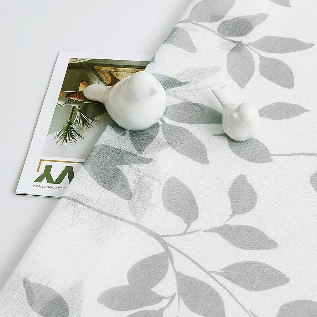Gray and White Leaf Sheer Curtains 50"W x 95"L 2 Panels J25277