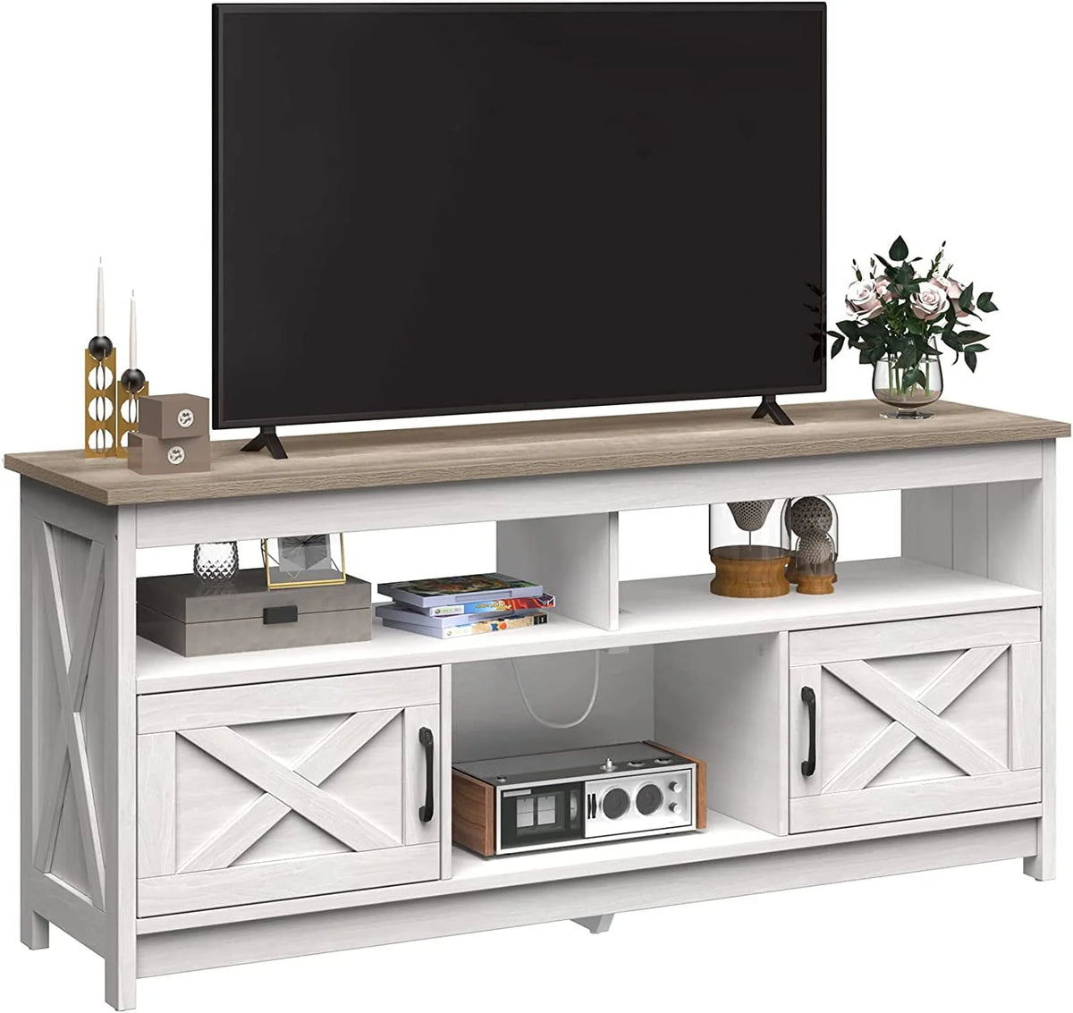 Farmhouse TV Stand up to 65 inch with Power Outlet, Grey Wash G83721