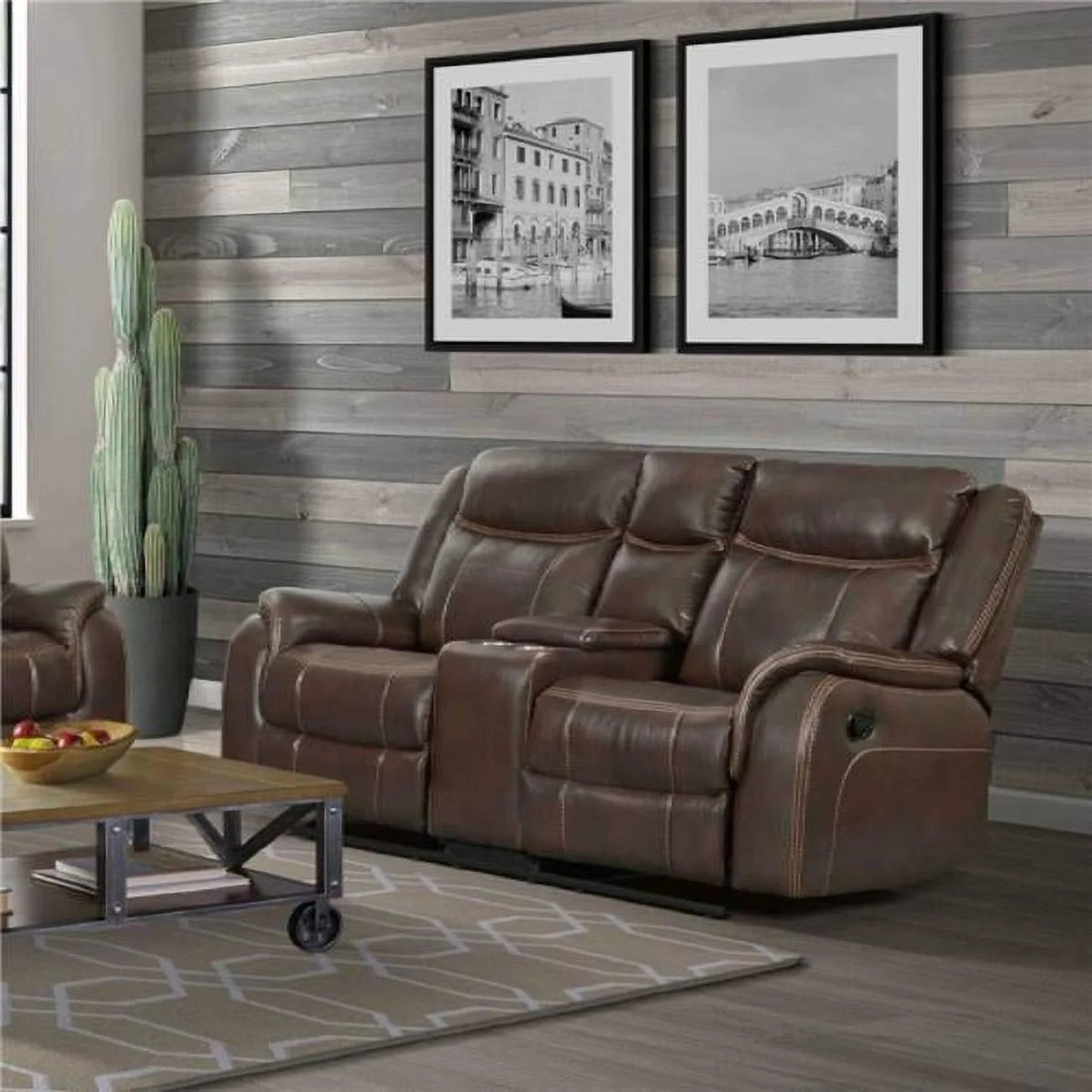 Brown Faux Leather Reclining Loveseat with Console C960597