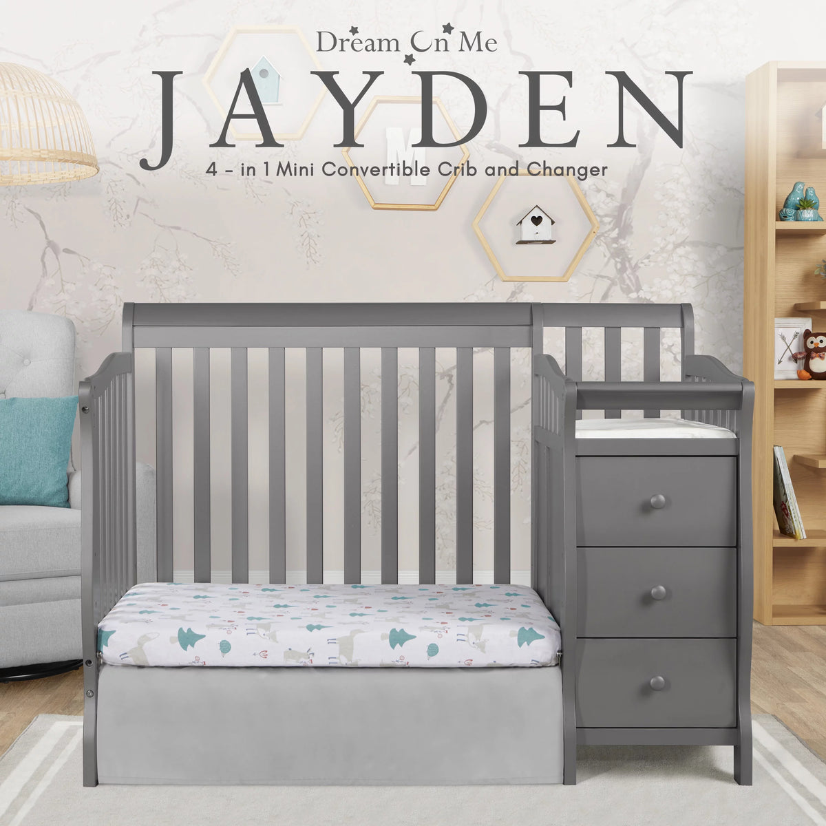 Storm Grey 4-in-1 Convertible Mini Crib and Changer B95615