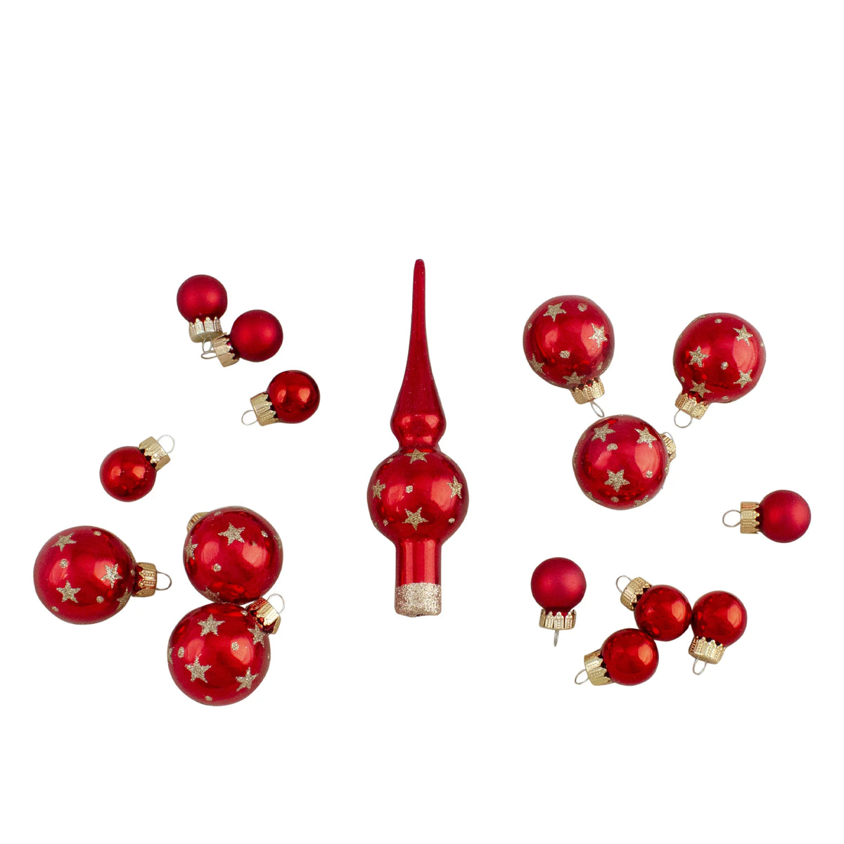 16-Piece Set of Red Glass Christmas Ball Ornaments with Tree Topper L5448