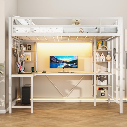 Twin Size Black Metal Loft Bed with Desk and Storage Shelves D52000
