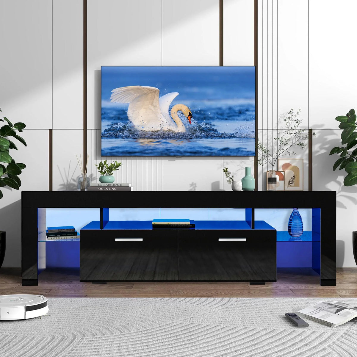 White High Gloss TV Stand with LED Light and Storage Drawers I4537