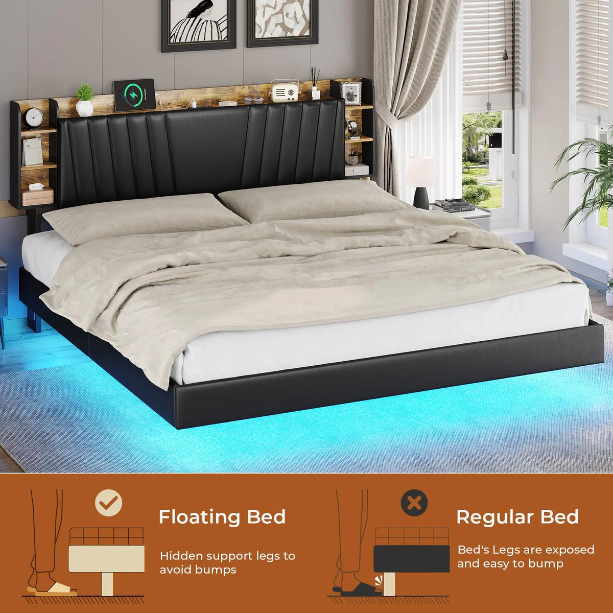 Full Floating Bed Frame with Charging Station, Black Q99706