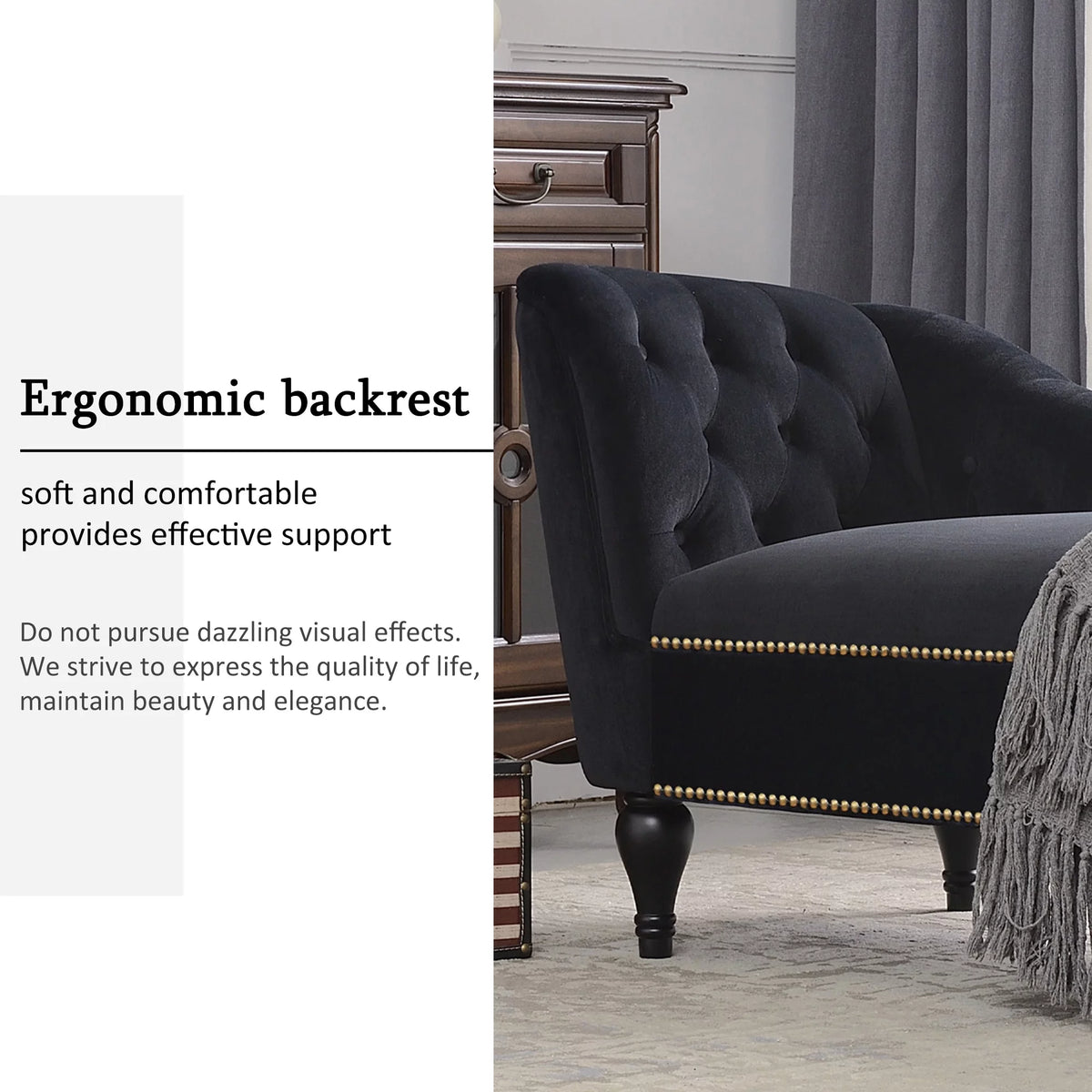 Black Velvet Button Tufted Chaise Lounge D371538