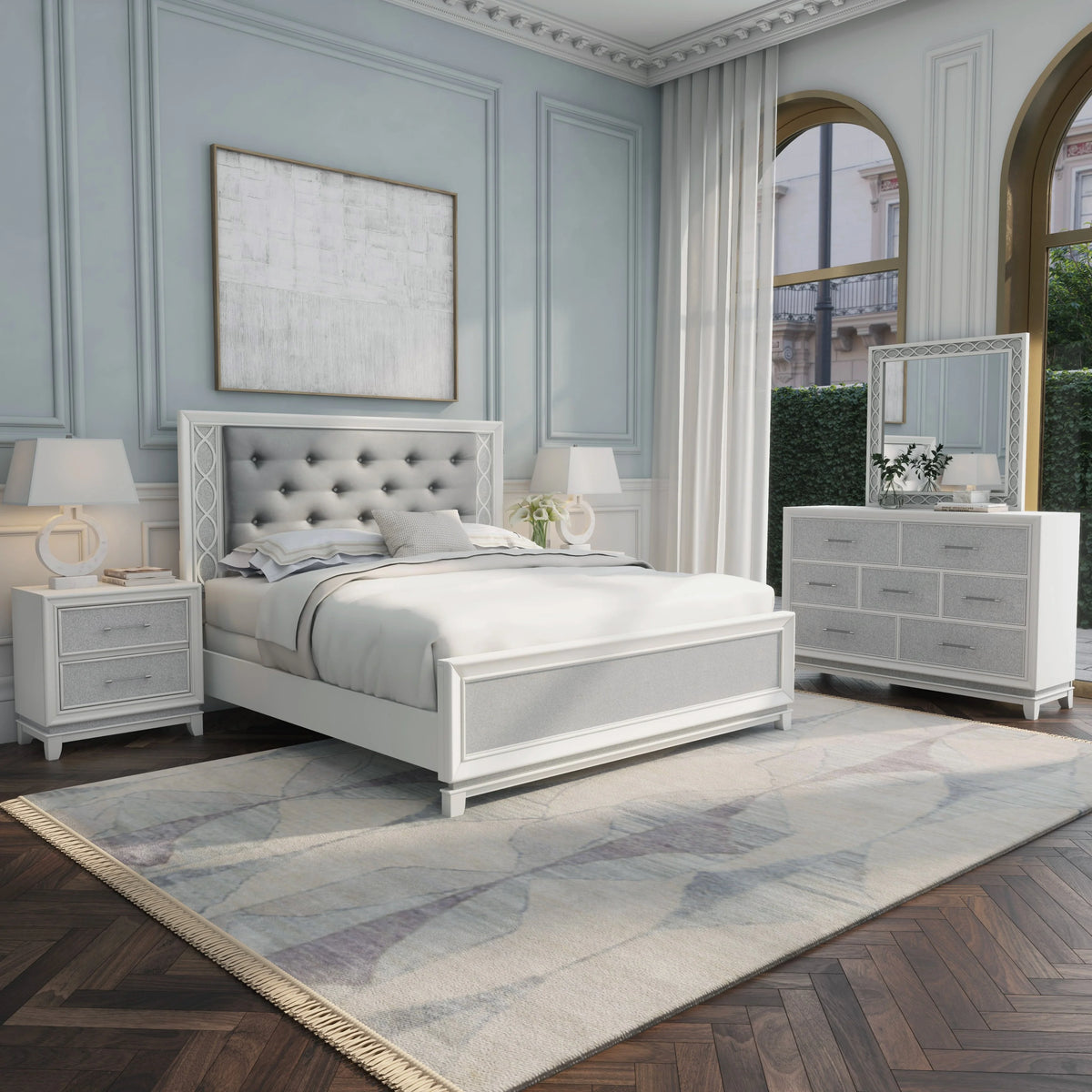 Queen 4-Piece Bedroom Set with LED Lights, Tufted Bed, Dresser, Mirror, and Nightstand in Pearlized White O6467