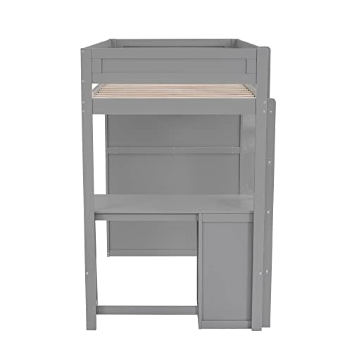 Full Size Gray Solid Wood Loft Bed with Wardrobe Desk and Shelves K204