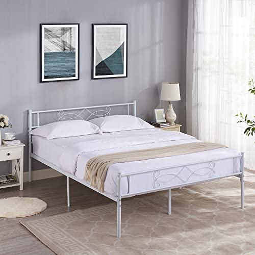 14" Full Size White Metal Platform Bed Frame with Headboard K667