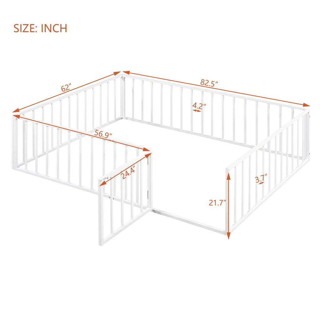 Queen Size Metal Floor Bed Frame with Fence and Door E40510