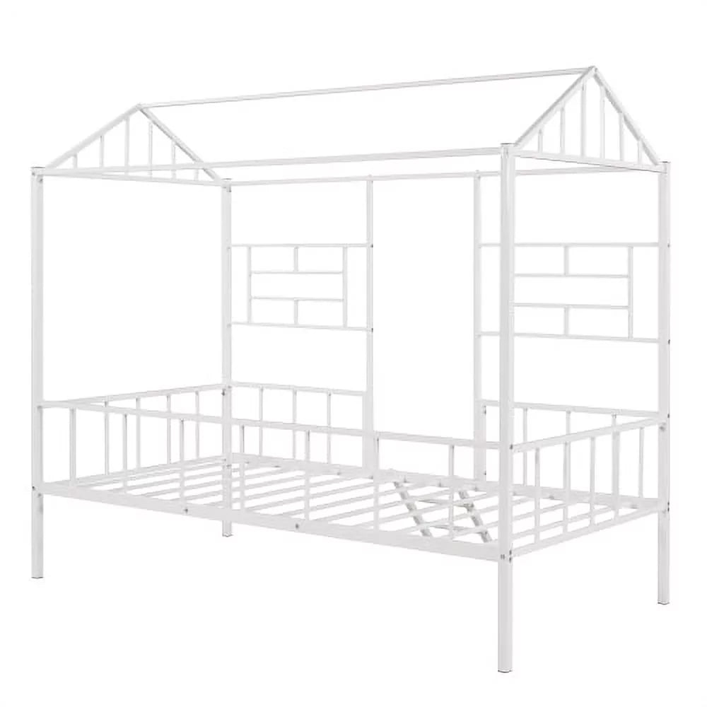 White Twin Size Metal Platform Bed Frame with Slatted Support J42158