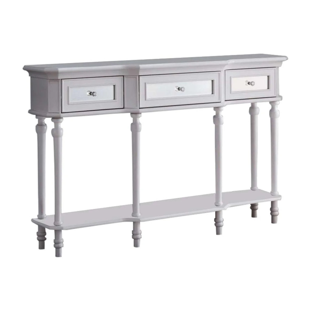 White Console Table with Mirrored Storage Drawers and Lower Shelf W74238