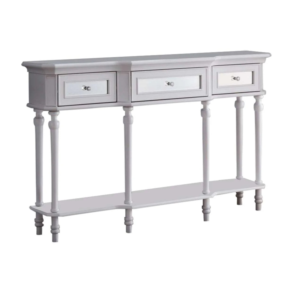 White Console Table with Mirrored Storage Drawers and Lower Shelf W74238