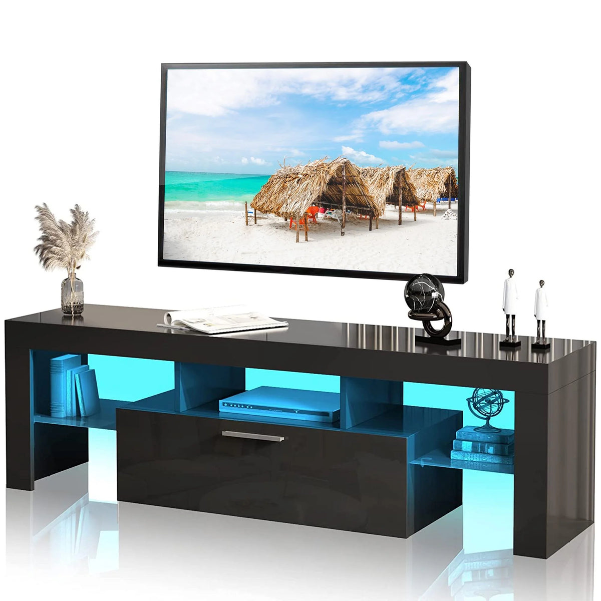 White High Gloss TV Stand with LED Light and Storage Drawers I4537