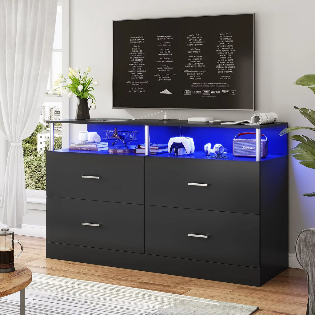 Black 4 Drawer Dresser with LED Lights & Charging Station T7015