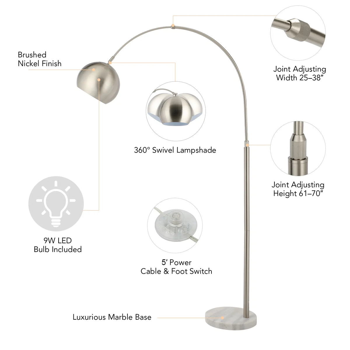 Modern Arc Floor Lamp with Rotatable Hanging Shade, Adjustable Nickel Reading Light with Marble Base, 70 Inch A34823