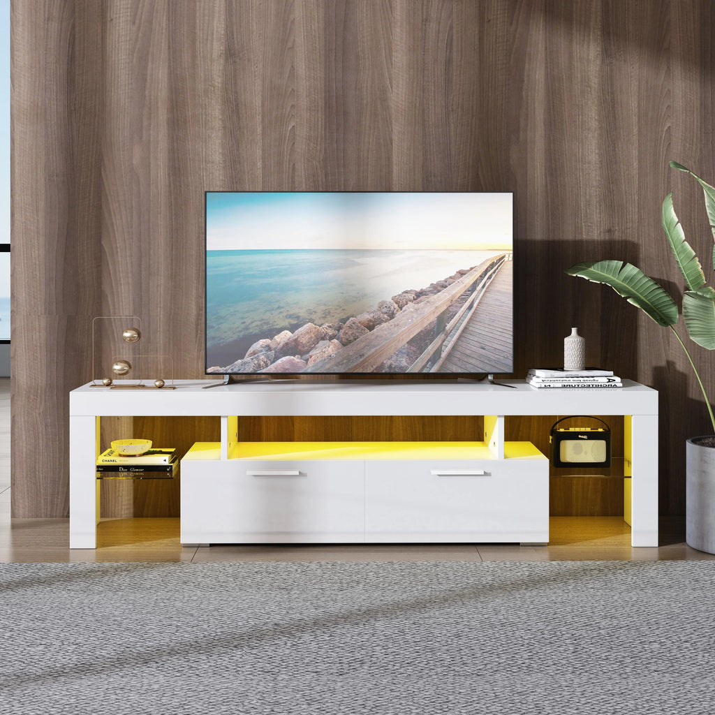 White High Gloss TV Stand with LED Light and Storage Drawers I4537