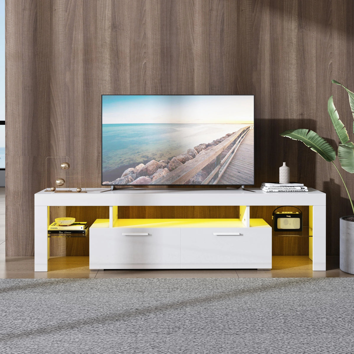 White High Gloss TV Stand with LED Light and Storage Drawers I4537