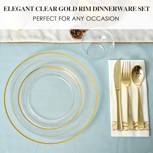 Clear 350 Count Plastic Dinnerware Set with Gold Rim N428